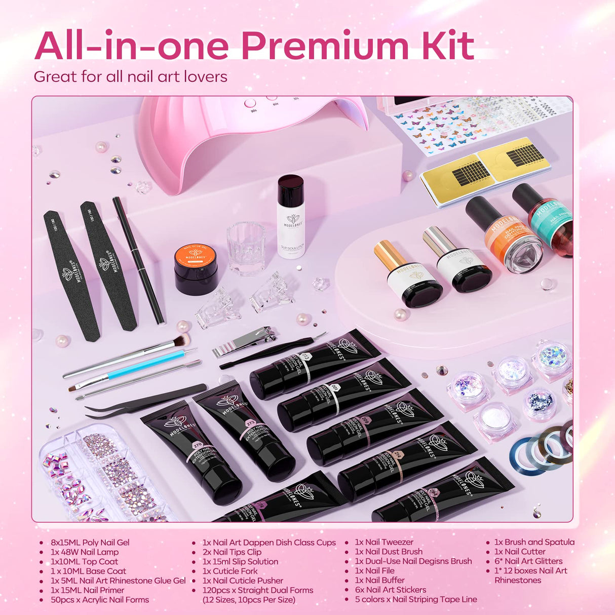 Modelones Poly Nail Gel Kit 8 Rosy Pink Colors with 48W LED Nail Lamp Poly Extension Gel Complete Nail Art Tools Professional Starter Manicure Kit modelones