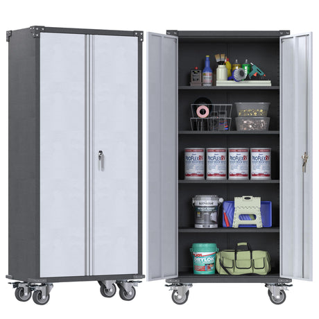 SUXXAN 71" Tall Metal Storage Cabinets with Doors and 4 Adjustable Shelves, Lockable Rolling Cabinet Silver&Black，Home Office Metal Utility Cabinet SUXXAN