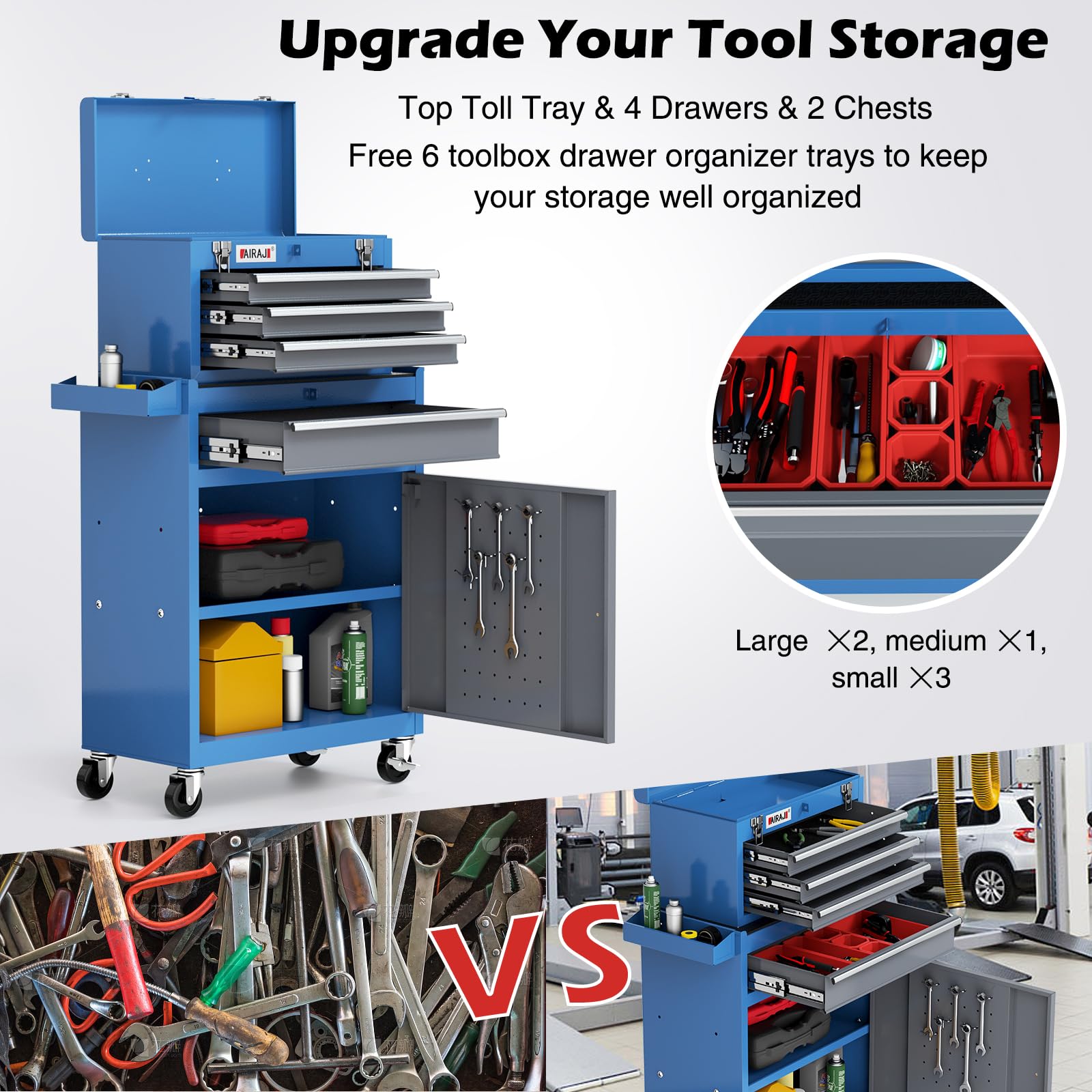 AIRAJ Professional 4-Drawer Rolling Tool Box with Wheels - Portable Tool Chest for Garage Mechanics, Tool chest for Repair Shop Workers - Includes 5 - WoodArtSupply