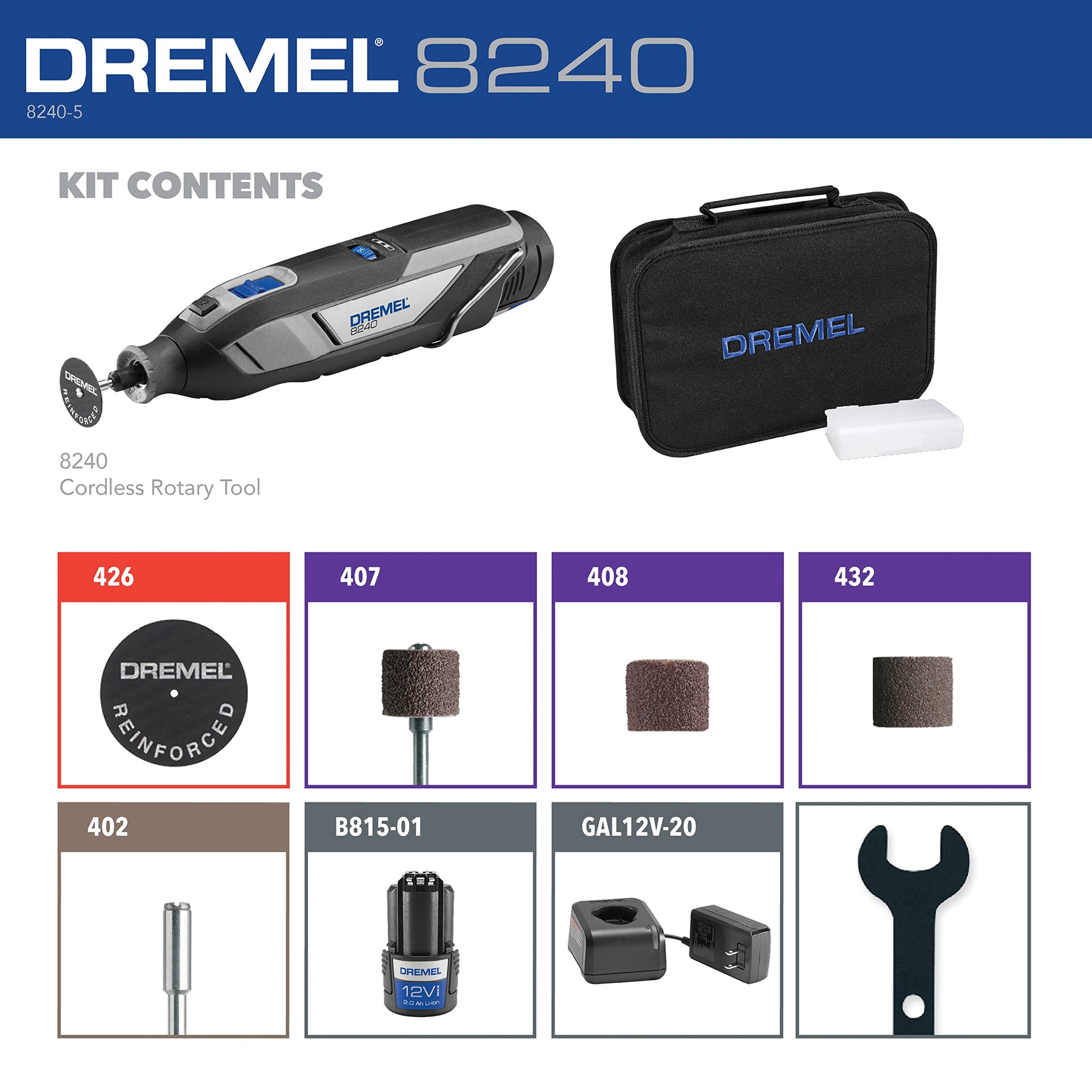 Dremel 8240 12V Cordless Rotary Tool Kit with Variable Speed and Comfort Grip - Includes 2AH Battery Pack, Charger, 5 Accessories & Wrench, Tool - WoodArtSupply