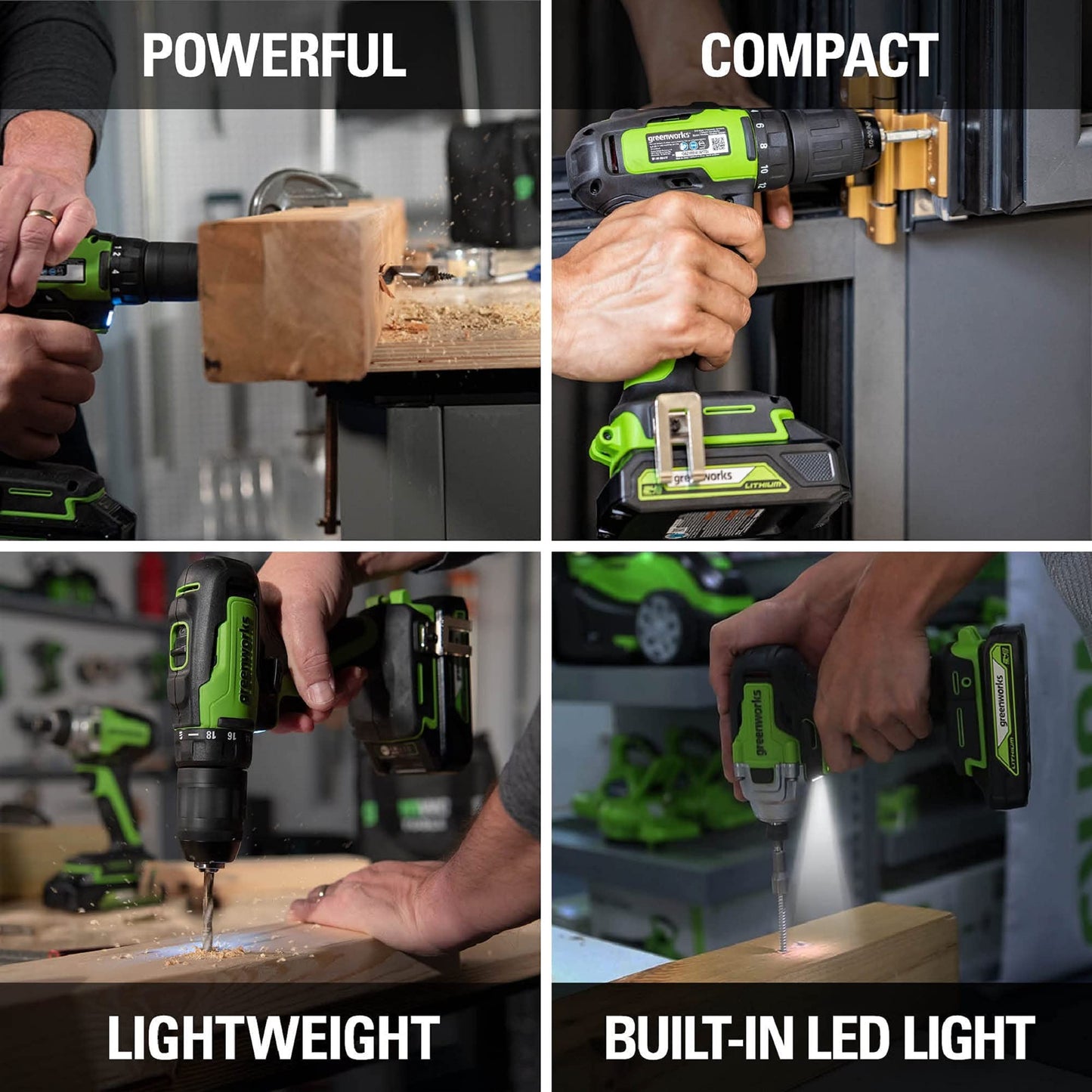 Greenworks 24V Brushless Drill / Impact Driver Combo Kit, (2) 1.5Ah USB (Power Bank) Batteries and Charger Included LED Light, 2pcs Driving Bits with - WoodArtSupply