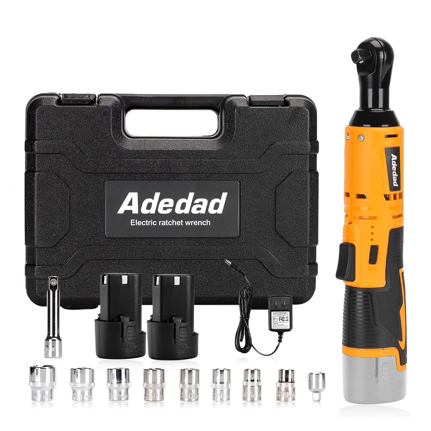 Adedad Cordless Ratchet Wrench Set w/ 2 Batteries, 3/8” 40Ft-lbs 400 RPM 12V Battery Powered Ratcheting Wrench Tool Kit, Variable Speed Trigger, 10