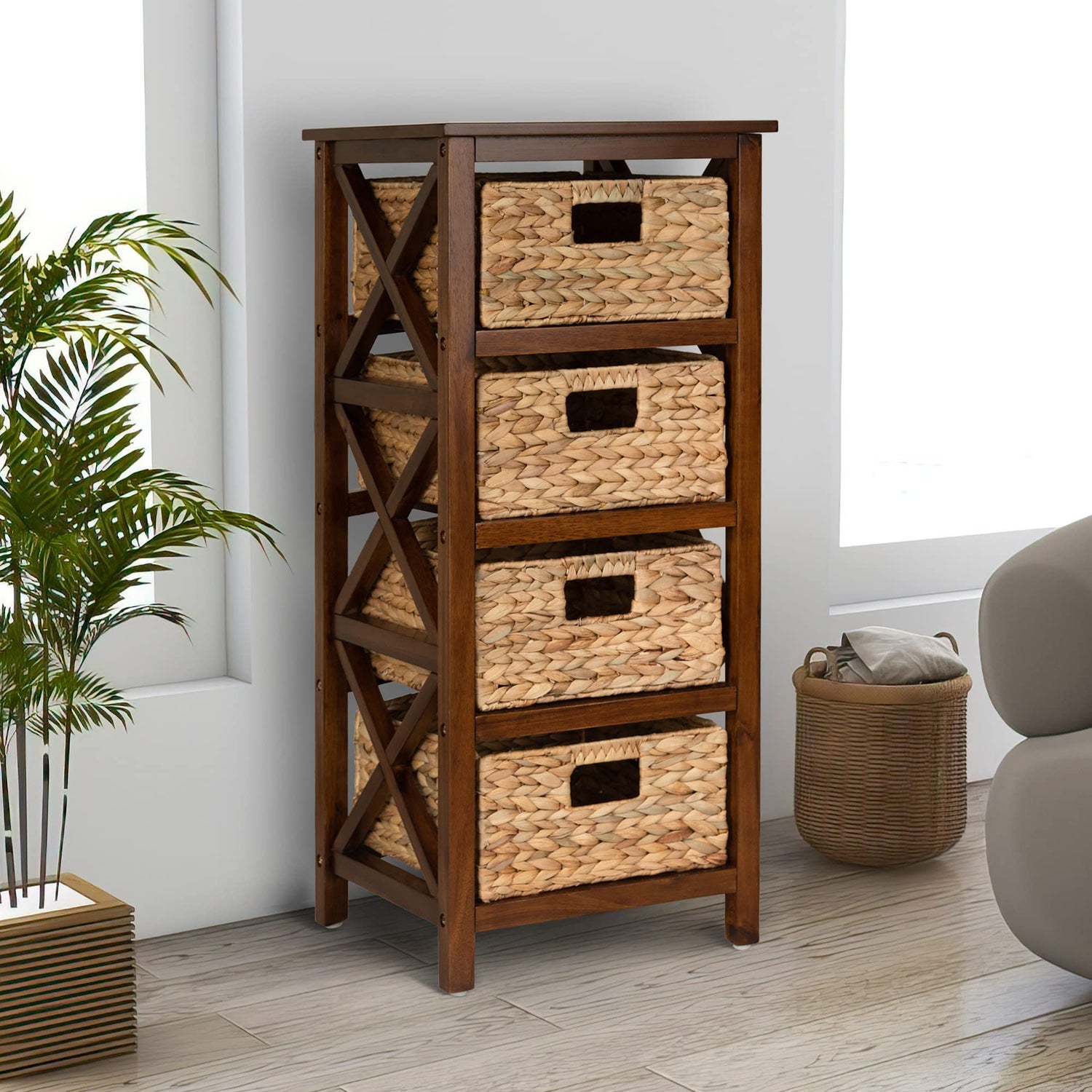 eHemco 4 Tier X-Side End Storage Cabinet with 4 Wicker Baskets, Walnut eHemco