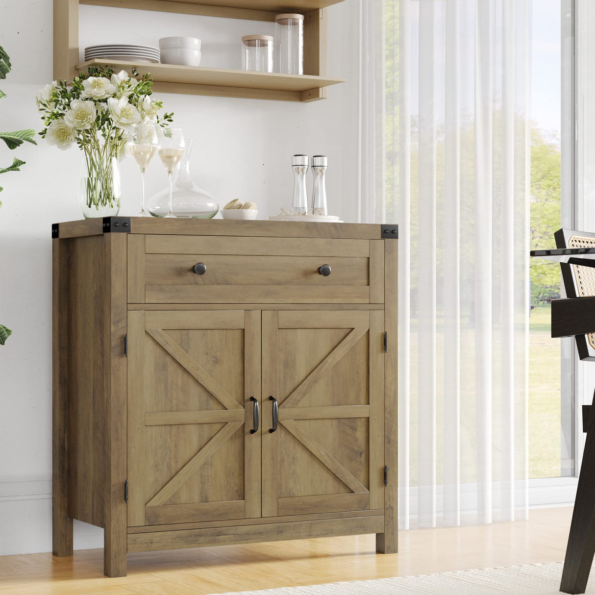 HOSTACK Coffee Bar Cabinet, Modern Farmhouse Buffet Sideboard with Drawer and Adjustable Shelf, Barn Door Storage Cabinet for Kitchen, Dining Room, HOSTACK