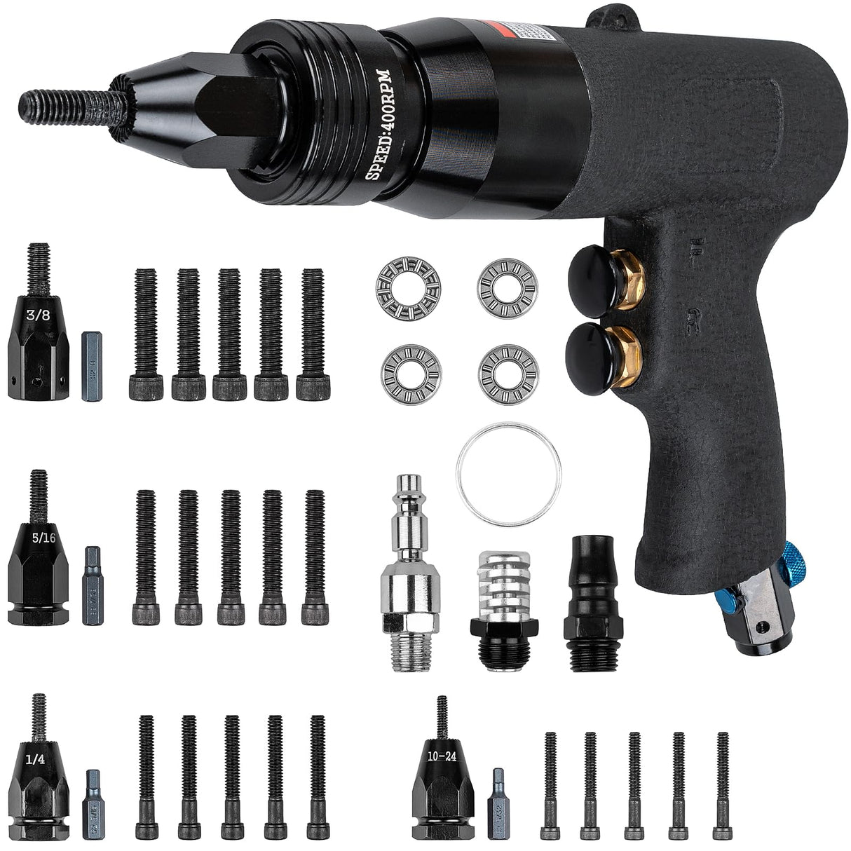 Clatoon Pneumatic Rivet Nut Gun with 10-24 & 1/4 & 5/16 & 3/8 Self-Locking Head, Adjustable Speed Air Rivet Gun, Air Rivet Nut Tool Kit with 4 Size Clatoon
