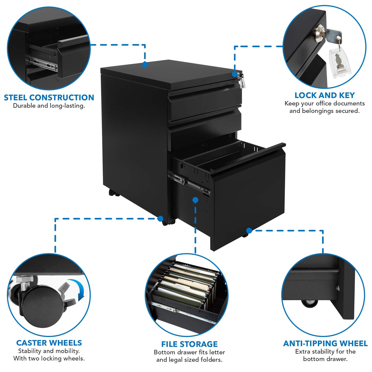 Mount-It! Mobile File Cabinet with 3 Drawers | Under Desk Rolling Storage with Lock for Supplies, Files, and Materials, Mobile Space Saving for Home Mount-It!