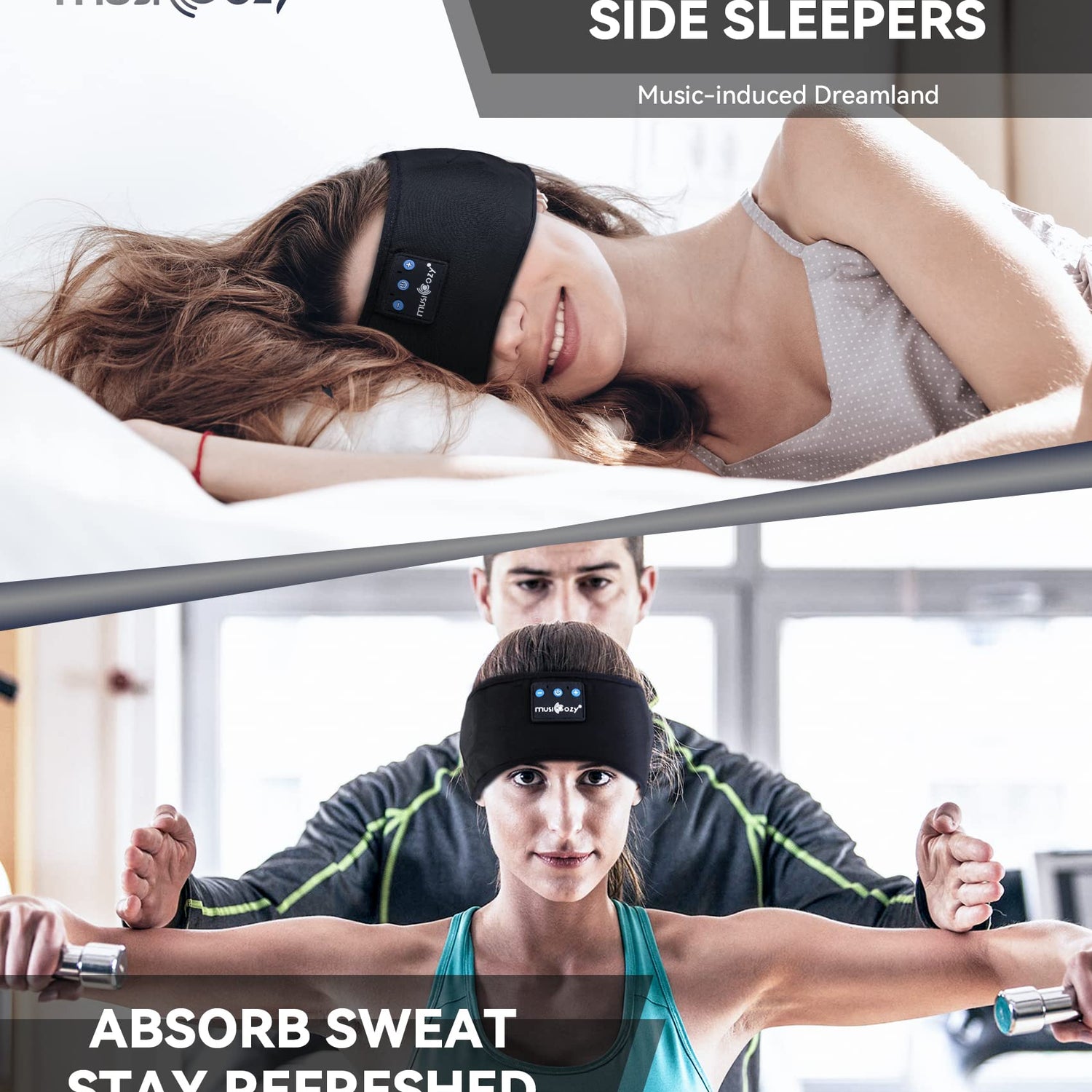 MUSICOZY Sleep Headphones Bluetooth 5.2 Headband, Sports Wireless Earphones Sweat Resistant Earbuds with Ultra-Thin HD Stereo Speaker for Workout MUSICOZY