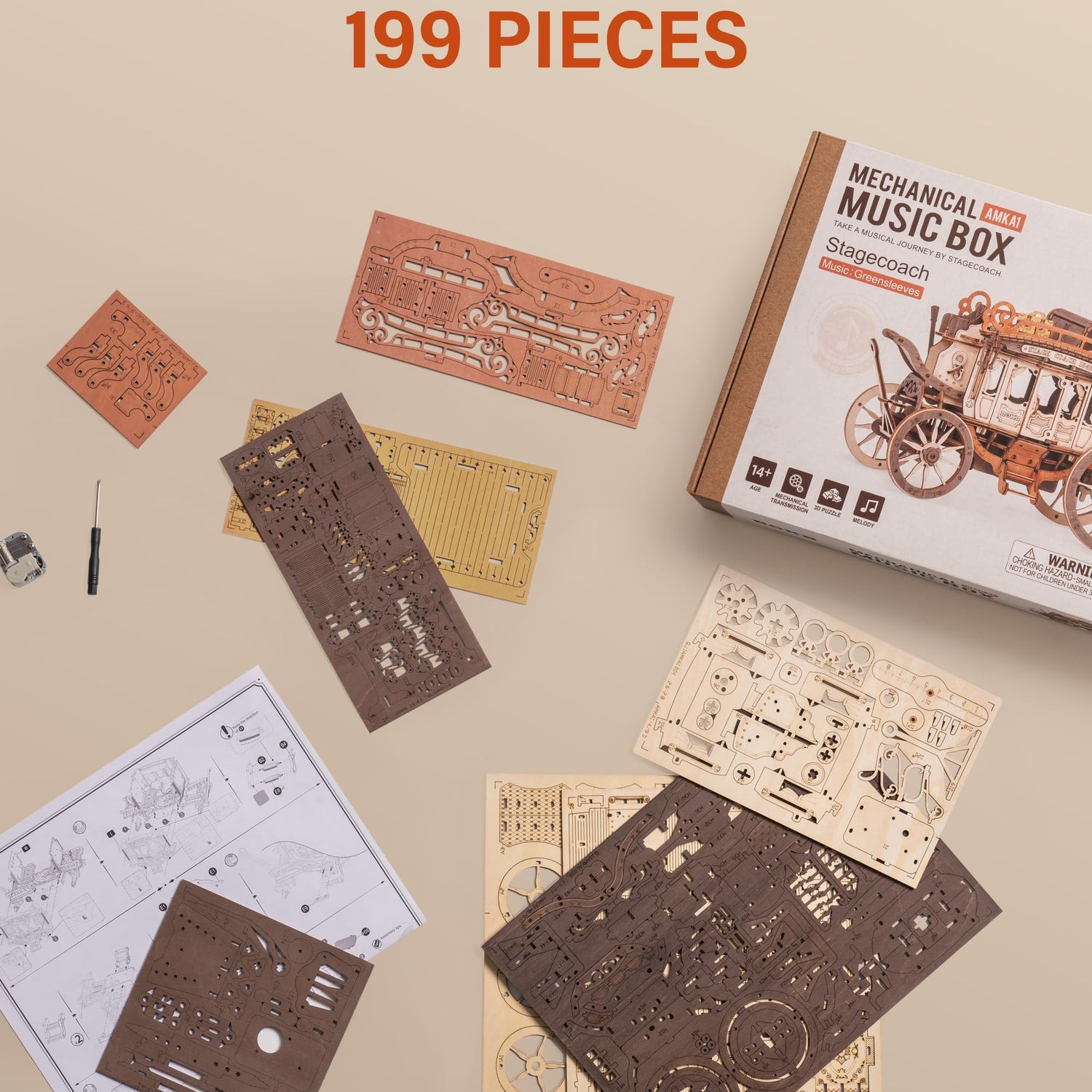 ROBOTIME Stagecoach Wooden Music Box Puzzle AMKA1, Valentines Day Gift 3D Wooden Puzzles for Adults, Mechanical 3D Model to Build, Birthday ROBOTIME