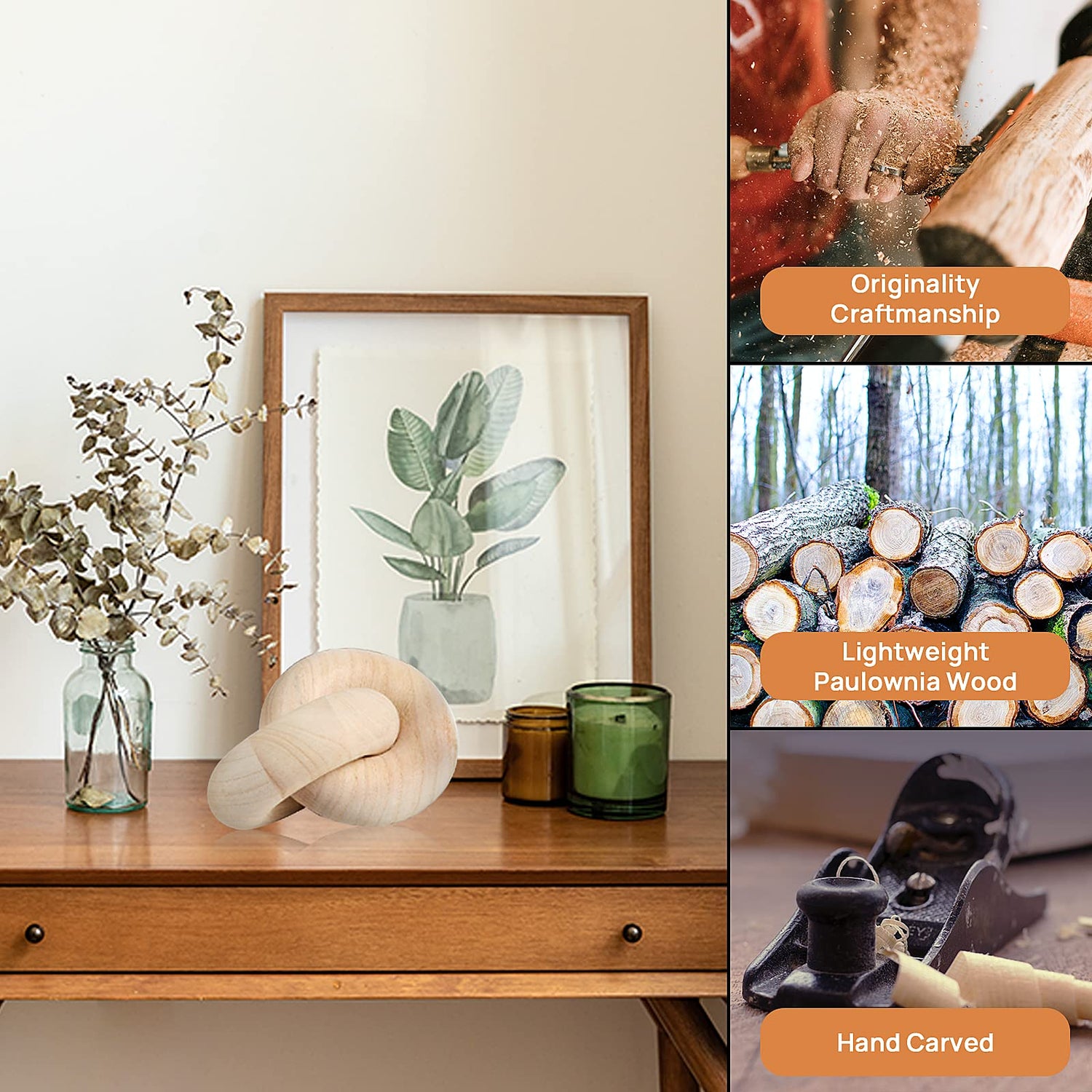 POPRHINO Wood Chain Decor, 2-Link Decorative Chain Hand Carved Boho Wood Knot Decor for Bookshelf Desk Living Room Coffee Table Farmhouse Wood Decor POPRHINO