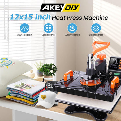 AKEYDIY 8 in 1 Heat Press, 12x15 Inch Heat Press Machine for T-Shirts, 850W Digital Transfer Sublimation T-Shirt Printing Machine, 360° Swing Away - WoodArtSupply