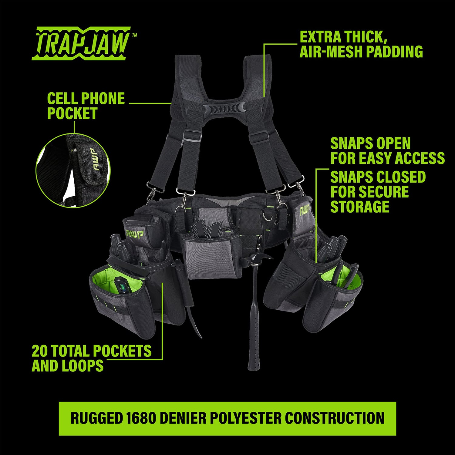 AWP TrapJaw Pro Framing Tool Rig with Spring-Loaded Technology, Premium Tool Belt, Fits Waists Up to 50 Inches,Black AWP