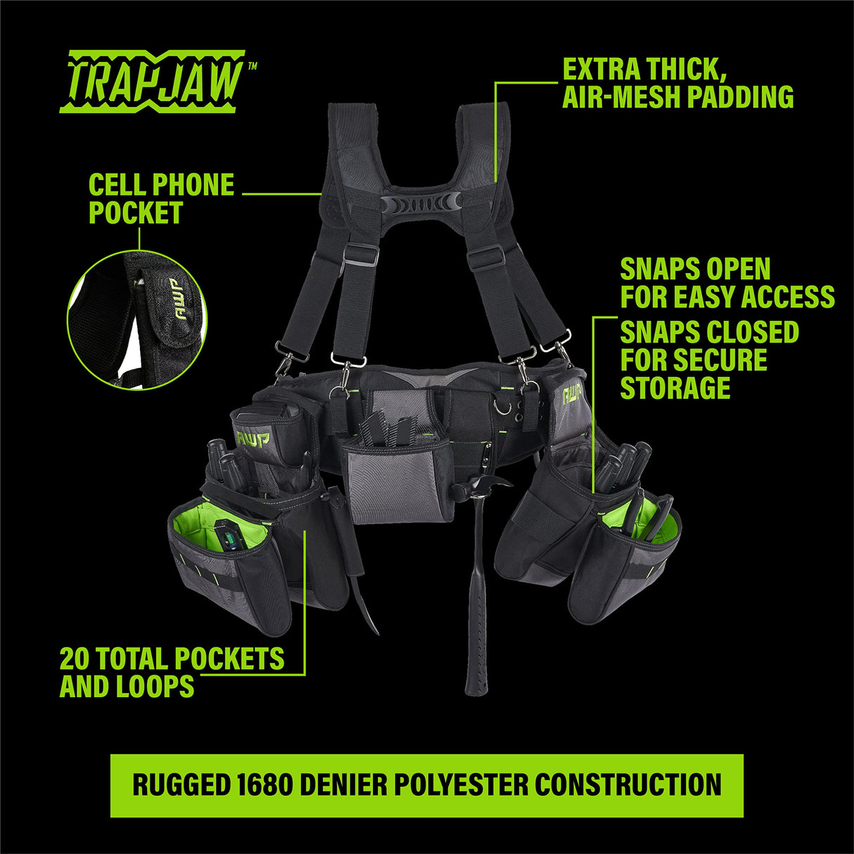 AWP TrapJaw Pro Framing Tool Rig with Spring-Loaded Technology, Premium Tool Belt, Fits Waists Up to 50 Inches,Black AWP