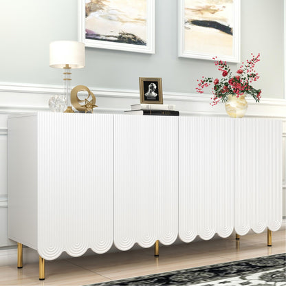 howcool 63'' Sideboard Buffet Cabinet, White Fluted Credenza Storage Cabinet with 4 Doors, Cream Style Coffee Bar Cabinet for Living Room, Hallway