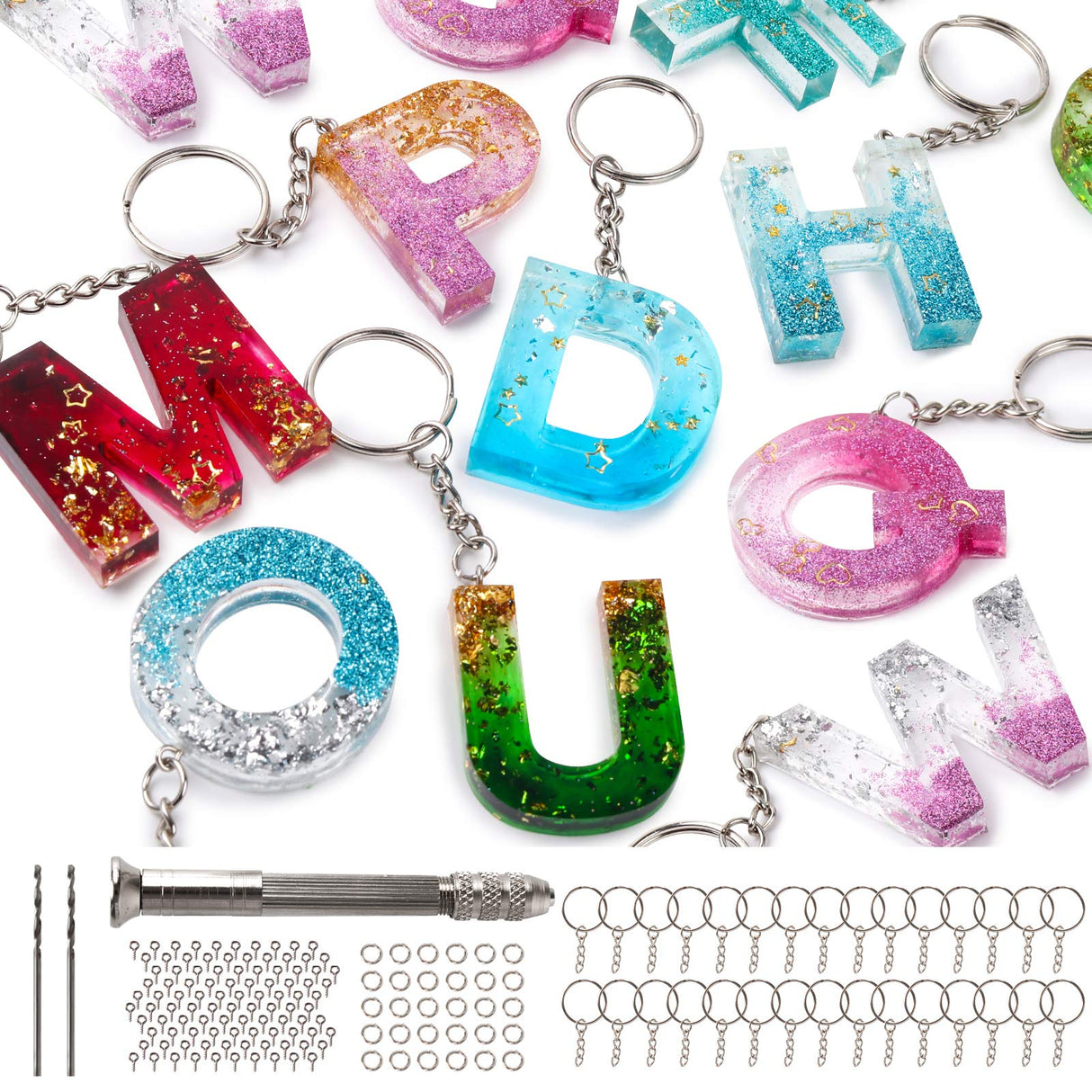 Mocoosy 134Pcs Alphabet Keychain Resin Molds Kit, Reversed Letter Number Silicone Mold Epoxy Resin Casting Molds Key Chain Making Set with 1 Hand Mocoosy