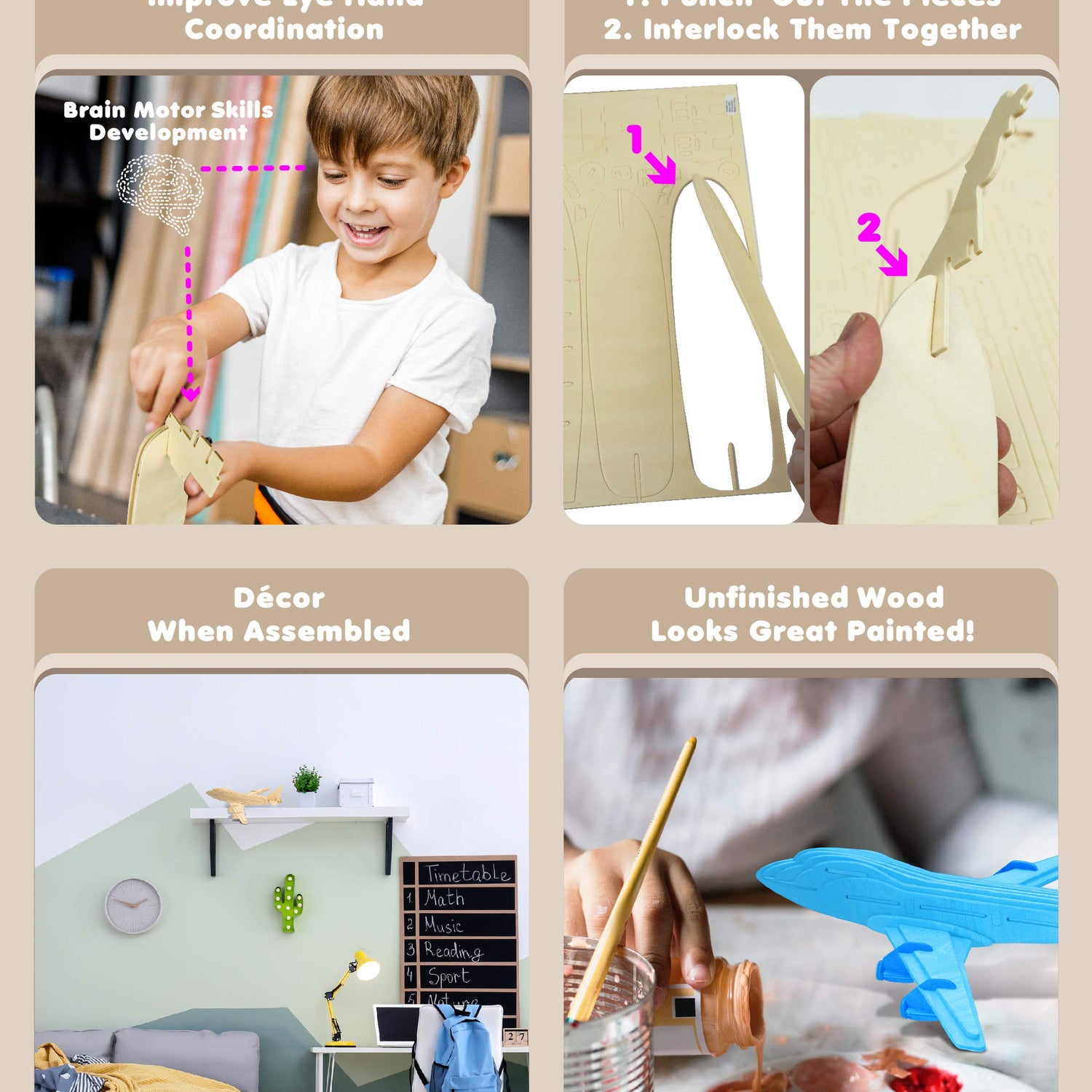 Puzzled 747 Jet Plane 3D Puzzle Wood Craft Construction Kit Aircraft, Fun & Educational DIY Wooden Toy Assemble Model Unfinished Craft Hobby Airplane Puzzled