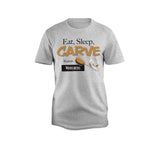 Eat Sleep Carve Repeat T-Shirt - Cotton Classic Fit Machine Washable in Medium, Large, XL, XXL, 3X, 4X - Gift for Woodcarvers Chocolate Brown Fox Chapel Publishing