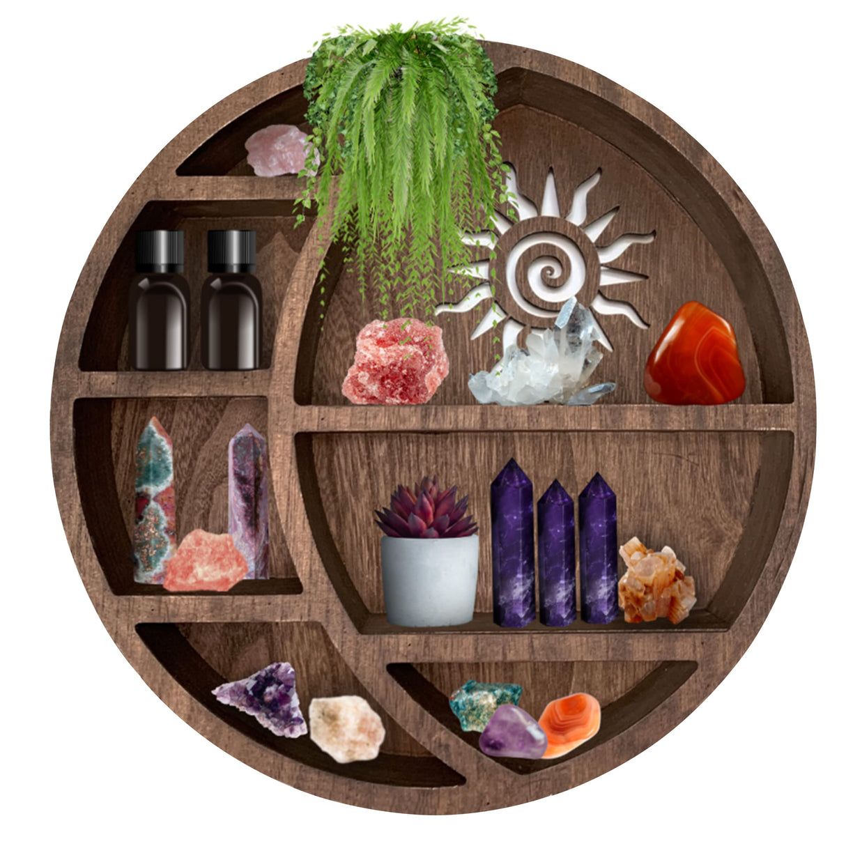 Wooden Crescent Sun Moon Shelf Wall Decor - Decorative Boho Home Hanging Display Shelf for Bedroom, Dorm, Nursery - Easy Mount Storage for Crystals Nimpro