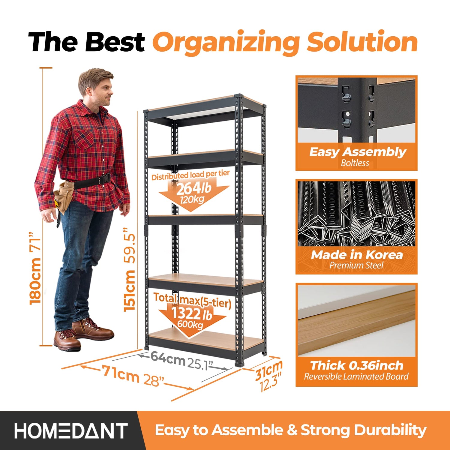 HOMEDANT 28"W x 12.3"D x 59.5"H 5-tier Metal Shelving Unit Adjustable Garage Storage Utility Rack Heavy Duty Shelves Organization Multipurpose Shelf HOMEDANT