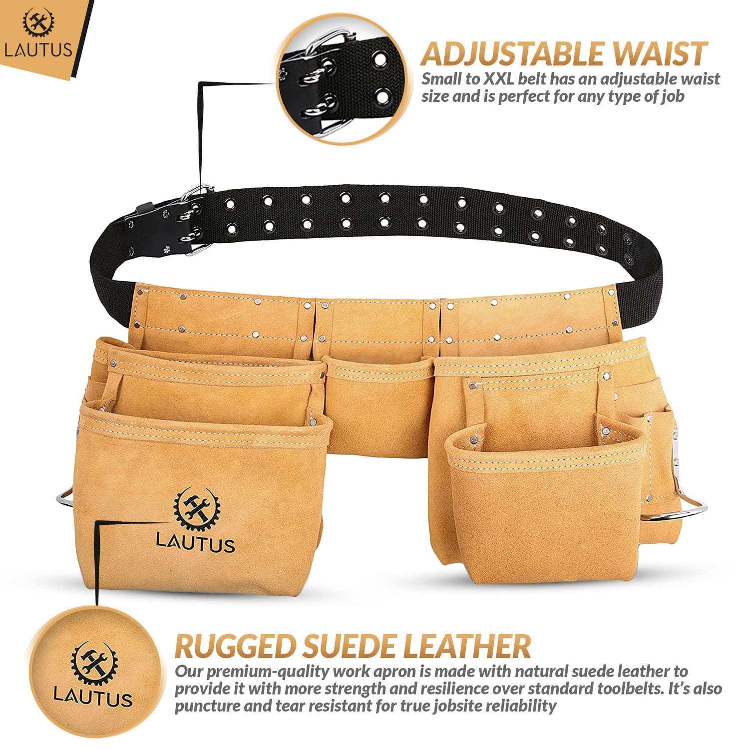 LAUTUS Suede Tool Belt/Pouch/Bag/Work Apron | Carpenter, Construction, Framers, Electrician |11 Pockets | Adjustable Double Pronged Belt | 2 Hammer LAUTUS