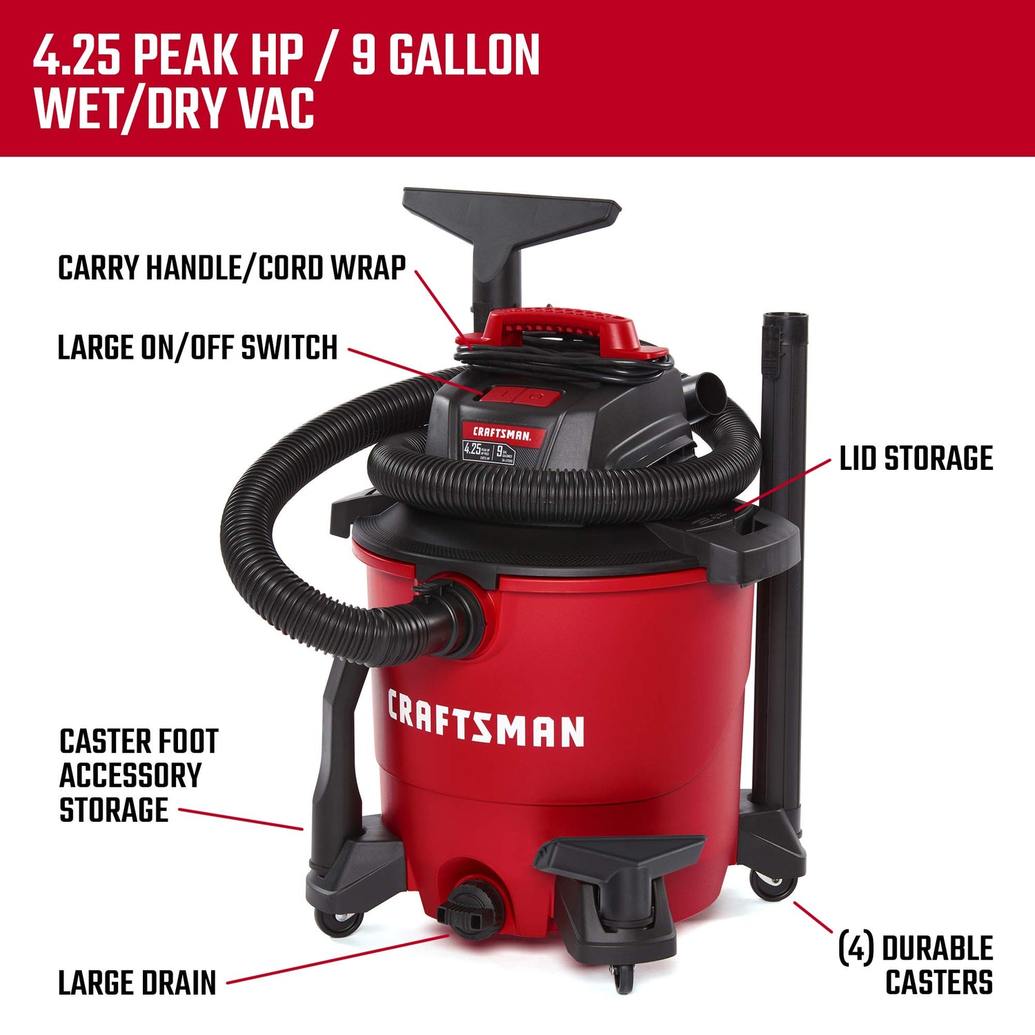CRAFTSMAN CMXEVBE17590 9 Gallon 4.25 Peak HP Wet/Dry Vac, General Purpose Portable Shop Vacuum with Attachments Craftsman