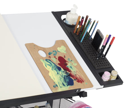 47" W Fusion Craft Center with 24" Supply Tray, 60 Degree Angle Adjustable Top and Height Adjustable from 27.75" – 35.5" when Flat, Stool and SD STUDIO DESIGNS