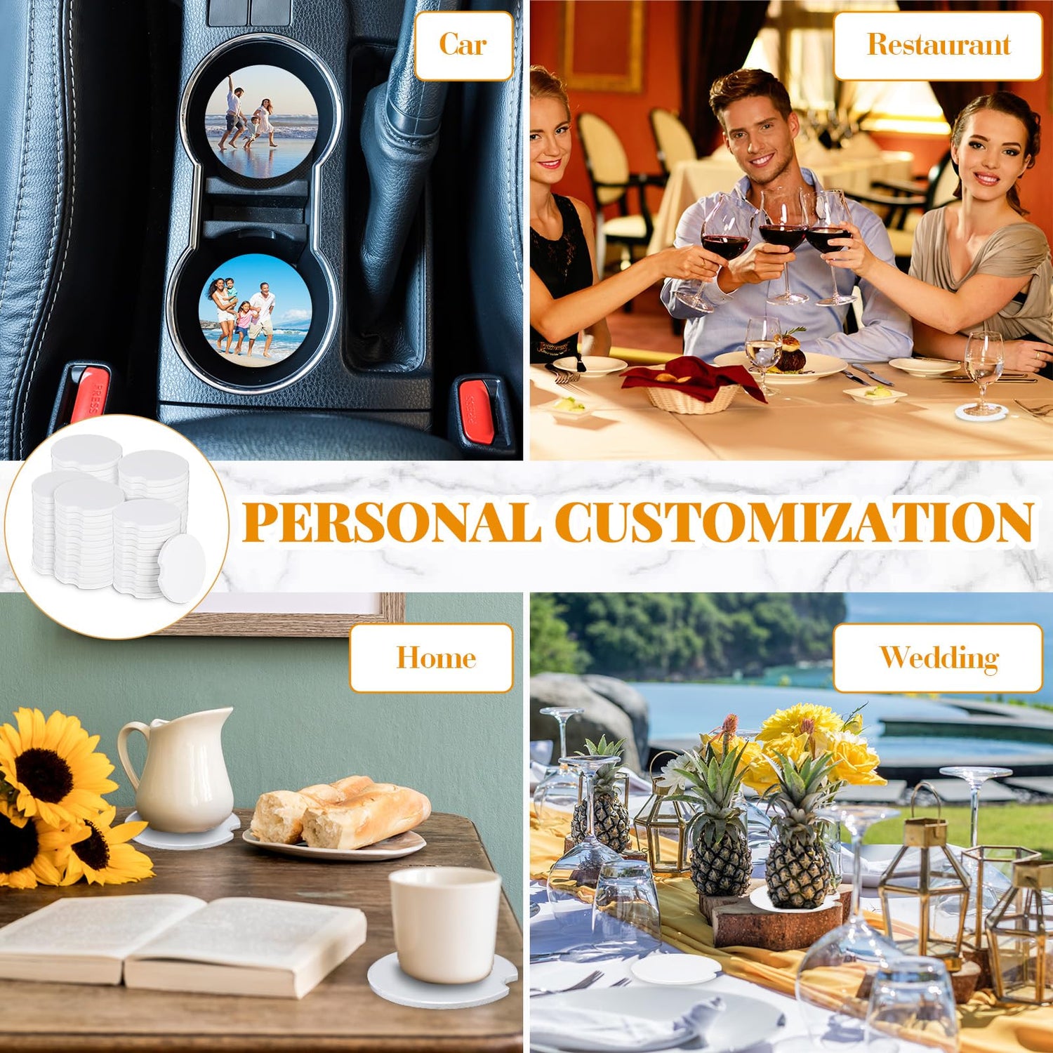 Zhehao 150 Pcs Ceramic Car Coasters with Bags and Cards 2.64'' Sublimation Coasters Blanks Ceramic Car Cup Holder Coasters with A Finger Notch for Zhehao