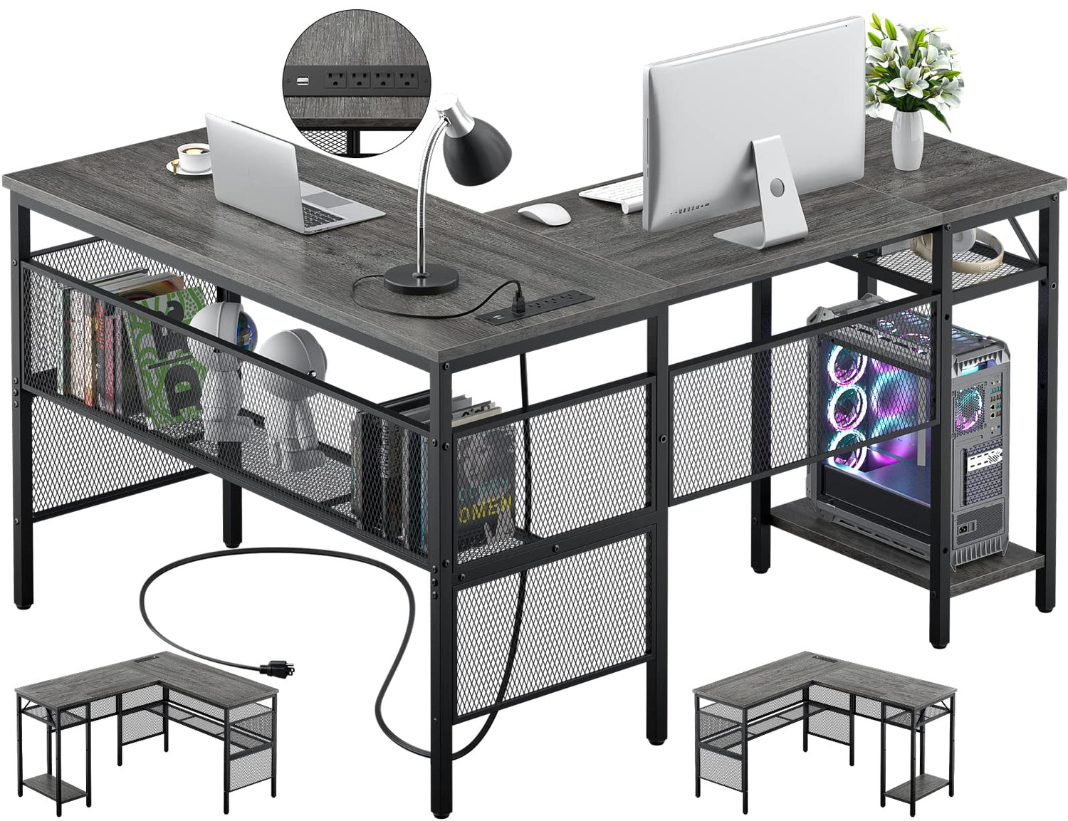 L-Shaped Computer Desk with USB Charging Port and Power Outlet - Unikito Industrial Reversible Corner Desk with Storage Shelves for Gaming and Office Use Unikito