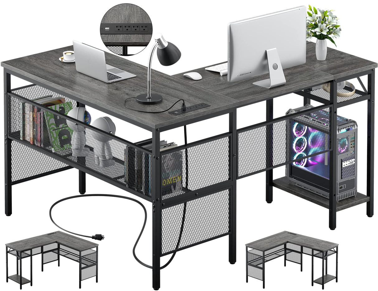 L-Shaped Computer Desk with USB Charging Port and Power Outlet - Unikito Industrial Reversible Corner Desk with Storage Shelves for Gaming and Office Use Unikito