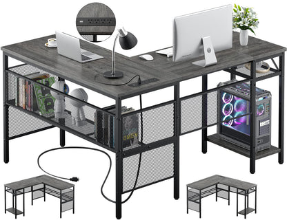Unikito L Shaped Computer Desk with USB Charging Port and Power Outlet, Reversible Corner Desk with Storage Shelves, Industrial 2 Person Long Gaming