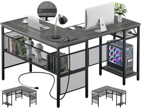 L-Shaped Computer Desk with USB Charging Port and Power Outlet - Unikito Industrial Reversible Corner Desk with Storage Shelves for Gaming and Office Use Unikito