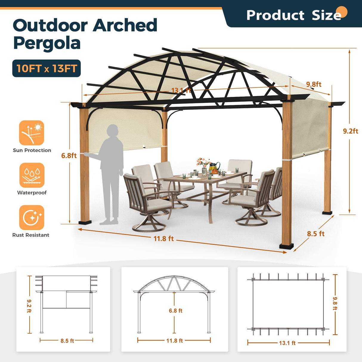 HAPPATIO 10' X 13' Outdoor Pergola with Sling Retractable Pergola Canopy, Wood-Like Aluminum Patio Pergola Shade for Patio, Backyard, Garden,Poolside HAPPATIO