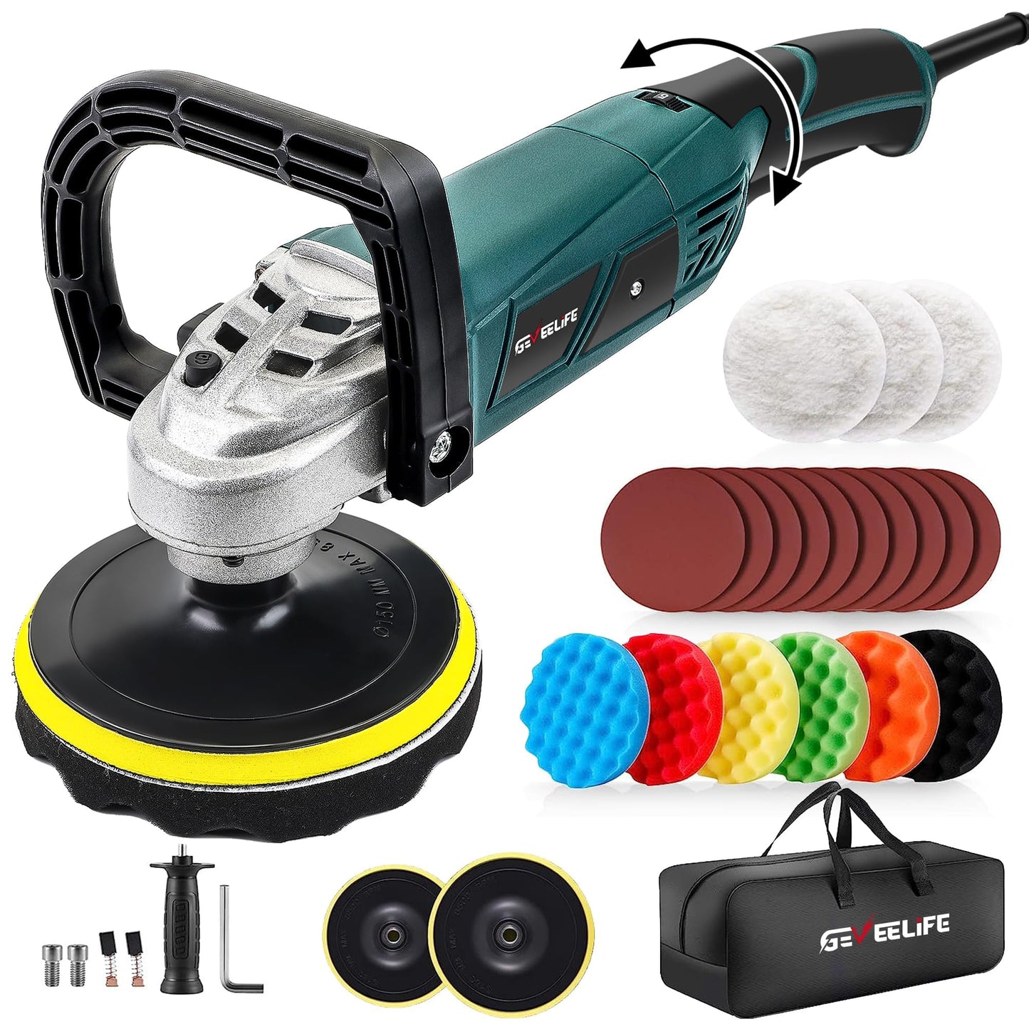 GEVEELIFE Buffer Polisher, 1600W, 7 Variable Speed 1000-3300 RPM Car Buffer Polisher Waxer with Grip, Detachable Handle for Car Polishing, Waxing - WoodArtSupply