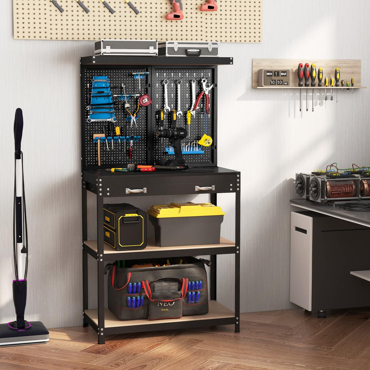 S AFSTAR Garage Workbench with Drawers, 32 x 16 Inches Tool Storage Workbench with Peg Board & 2 Lower Shelves, 14 Hanging Accessories, 220 LBS S AFSTAR
