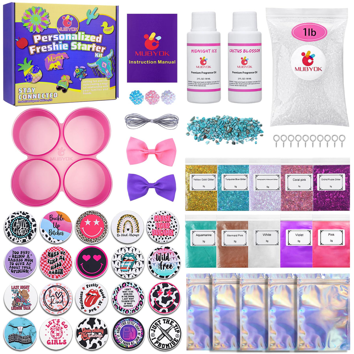 MUBYOK M436 Car Freshies Supplies Starter Kit,DIY Freshie Making kit with 1LB Unscented Aroma Beads,3 inch Circle Freshies Silicone Molds,4 OZ MUBYOK