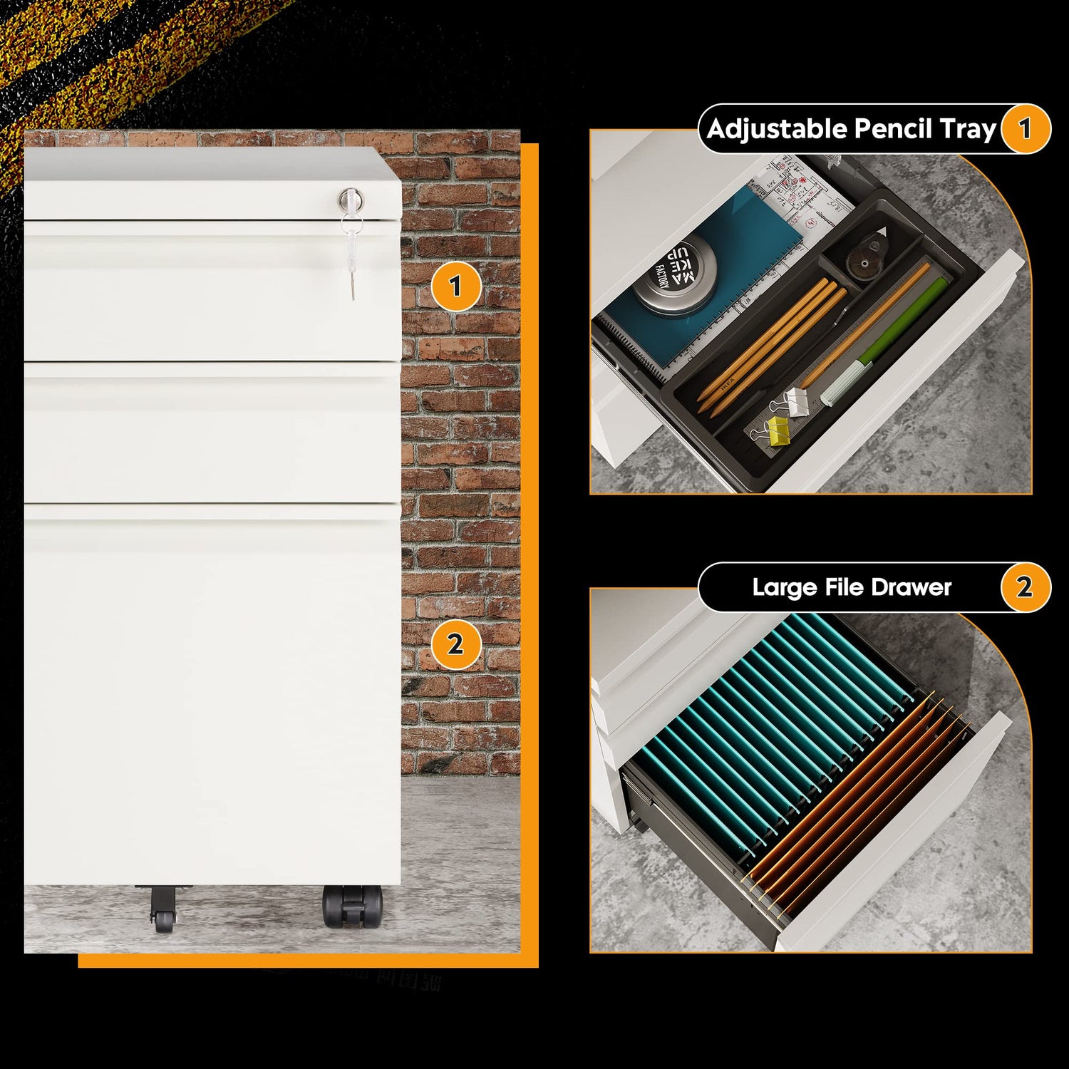 DEVAISE 3-Drawer Mobile File Cabinet (Under Office Desk), Assembled Except Casters, Fits Letter/Standard Sizes, White DEVAISE