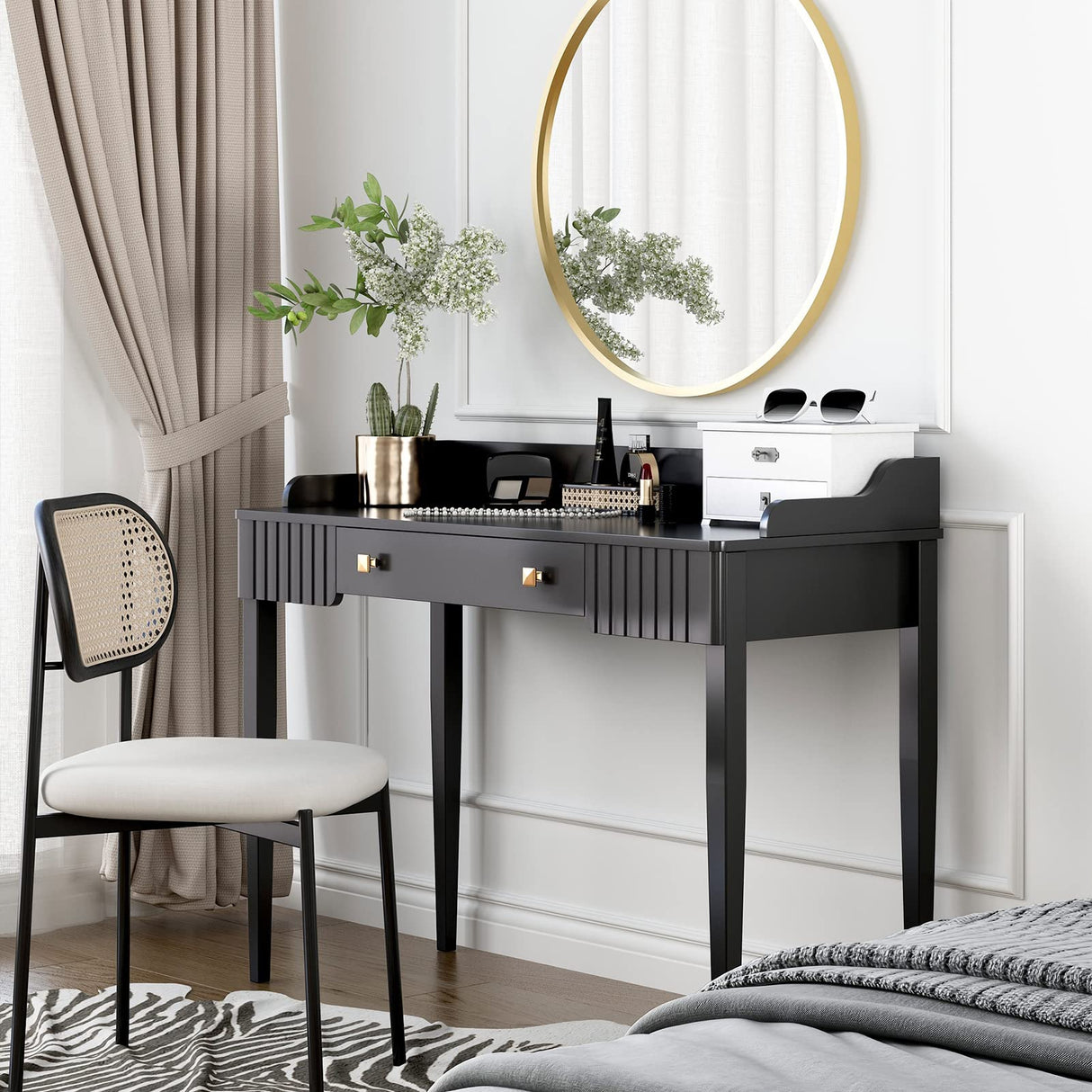 ukorua Black Vanity Desk Wooden Desk with Drawer Modern Desk Computer Desk White Makeup Table with Gold Handle ukorua
