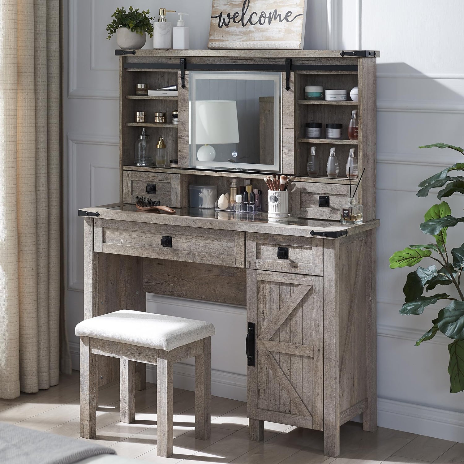 T4TREAM Farmhouse Makeup Vanity Desk with Sliding Mirror and Lights, 42'' Glass Tabletop Vanity Table with 2 Drawers & Shelves, Rustic Big Vanity Set T4TREAM