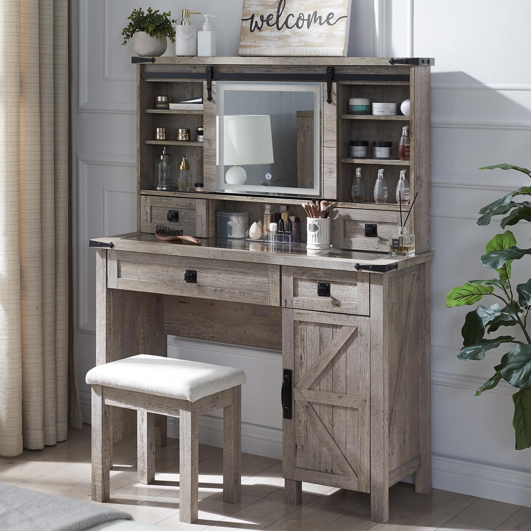 T4TREAM Farmhouse Makeup Vanity Desk with Sliding Mirror and Lights, 42'' Glass Tabletop Vanity Table with 2 Drawers & Shelves, Rustic Big Vanity Set - WoodArtSupply