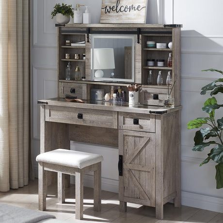 T4TREAM Farmhouse Makeup Vanity Desk with Sliding Mirror and Lights, 42'' Glass Tabletop Vanity Table with 2 Drawers & Shelves, Rustic Big Vanity Set T4TREAM