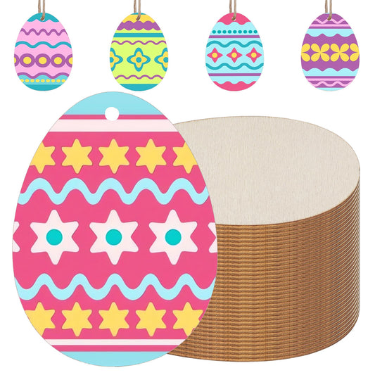 50 PCS Easter Egg Wooden Cutouts Unfinished Egg Wood Slices Easter DIY Hanging Ornaments Gift Tags with Hemp Rope for Painting Craft Project Easter