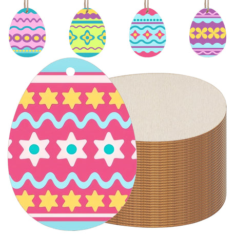 50 PCS Easter Egg Wooden Cutouts Unfinished Egg Wood Slices Easter DIY Hanging Ornaments Gift Tags with Hemp Rope for Painting Craft Project Easter peony man