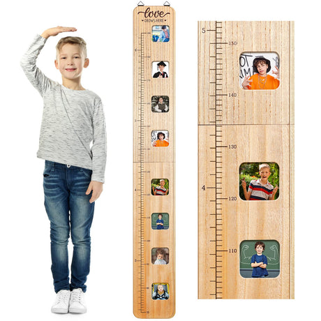 Wood Growth Chart for Kids with Picture Frames Boho Wooden Height Measurement Ruler Milestone Markers Foldable Height Chart for Kids Measuring Chart Chunful
