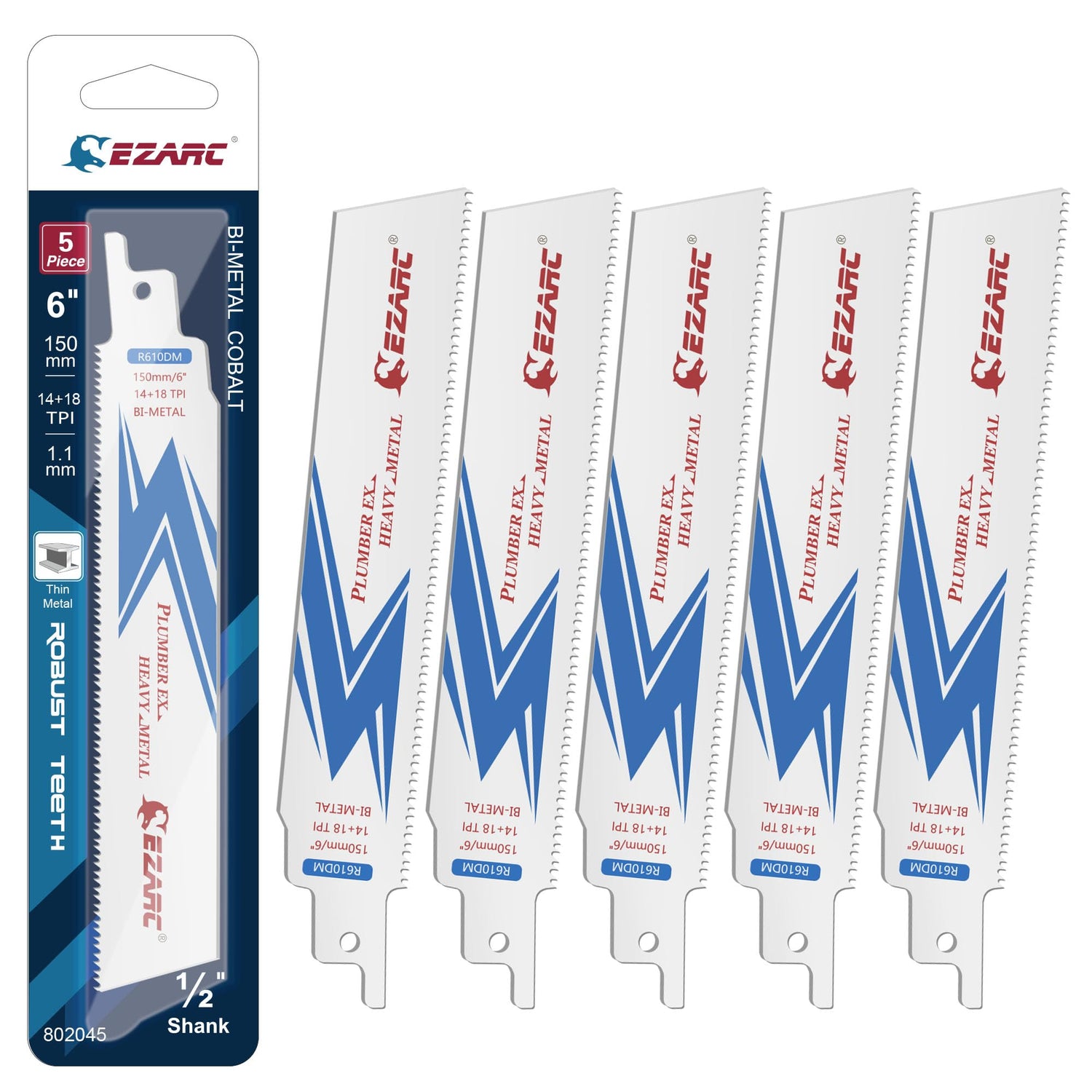 EZARC Reciprocating Saw Blade, 6-Inch Bi-Metal Sawzall Blades 14+18TPI for Steel Demolition R610DM (5-Pack) EZARC