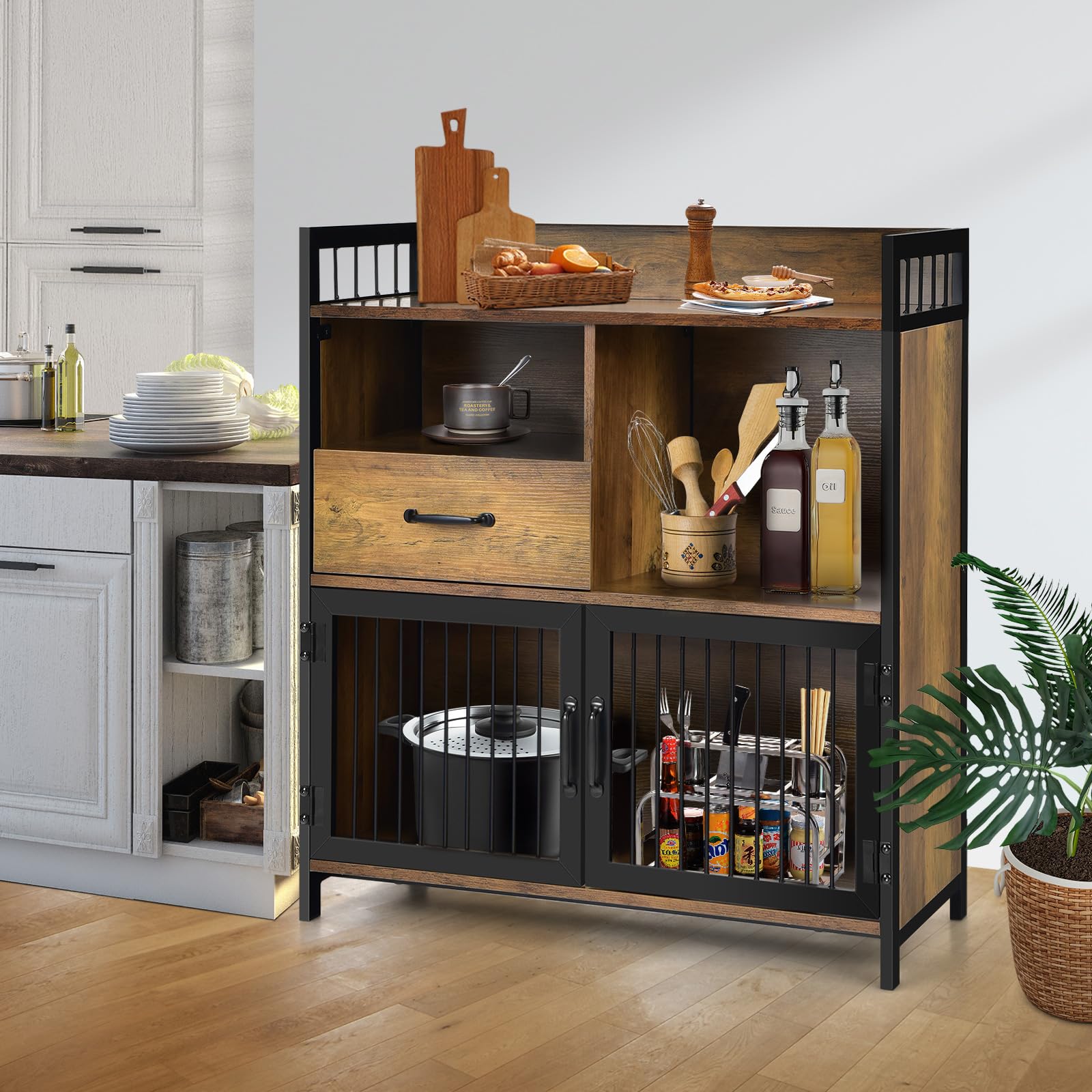 LOKO Buffet Cabinet with Storage, Rustic Kitchen Sideboard Storage Cabinet with Drawer, Credenza Storage Cabinet with Metal Mesh Doors, 31.5 x 14 x - WoodArtSupply