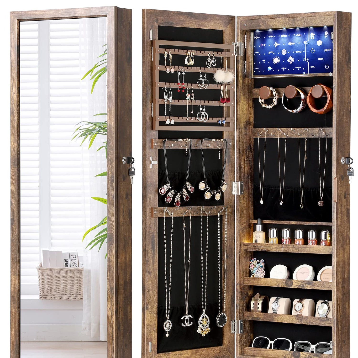 Nicetree 6 LEDs Mirror Jewelry Cabinet with 3 Improvements, 4.2" D Door/Wall Mounted Jewelry Armoire with Full Length Mirror, Larger Capacity, Nicetree