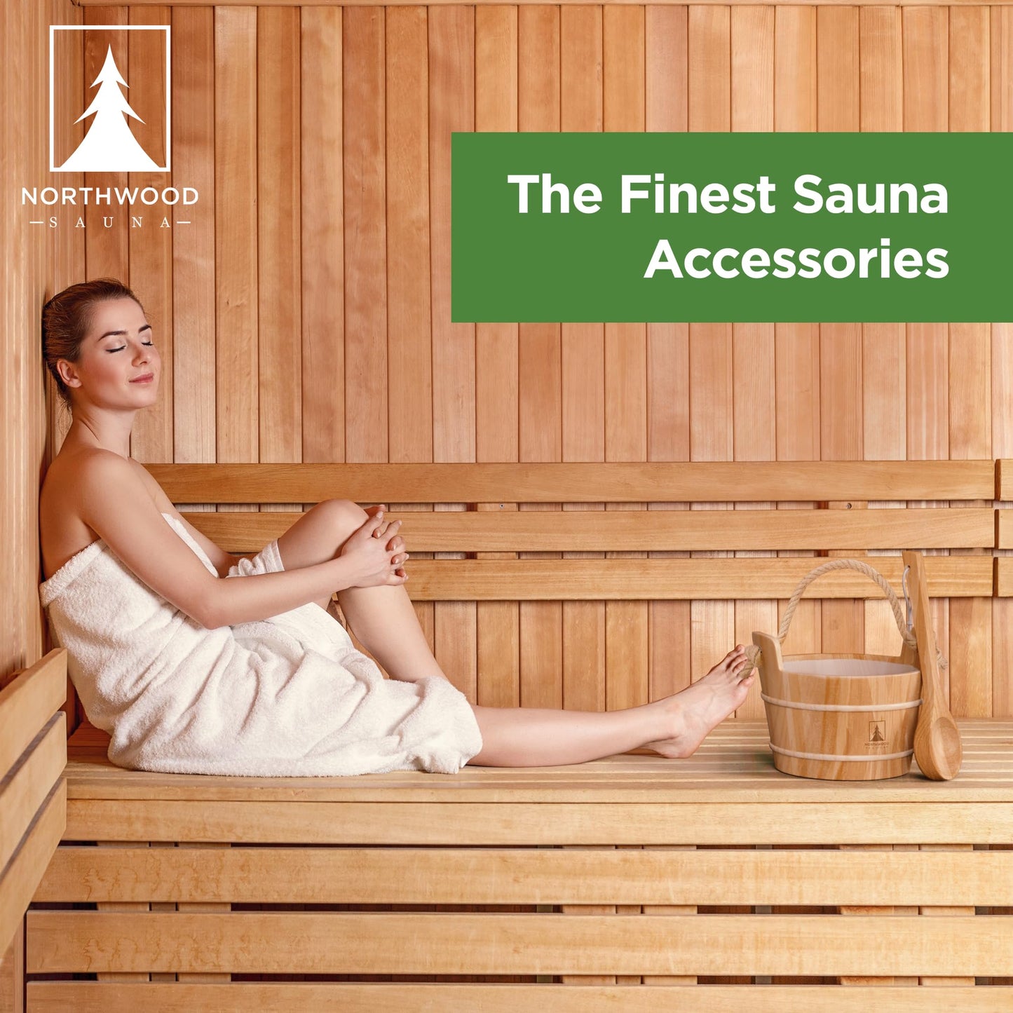 NORTHWOOD Sauna Bucket and Ladle Set - Handmade from Canadian Red Cedar Wood - Plastic Liner and Rope Handle