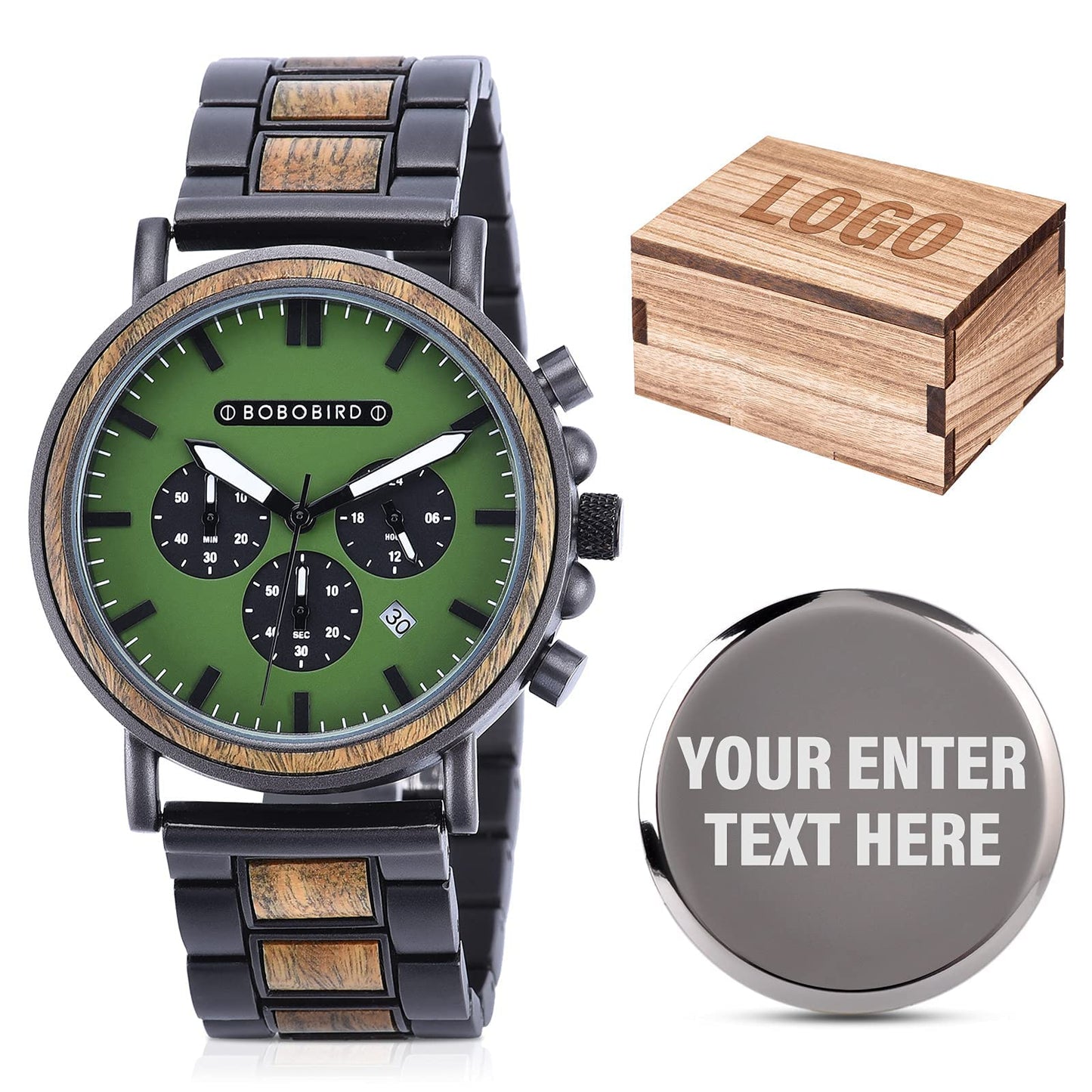 2win Engraved Wooden Watch Stylish Green Dial Design Personalized Wood Watches for Men Husband Boyfriend Fiancé Dad Customized Anniversary Birthday - WoodArtSupply