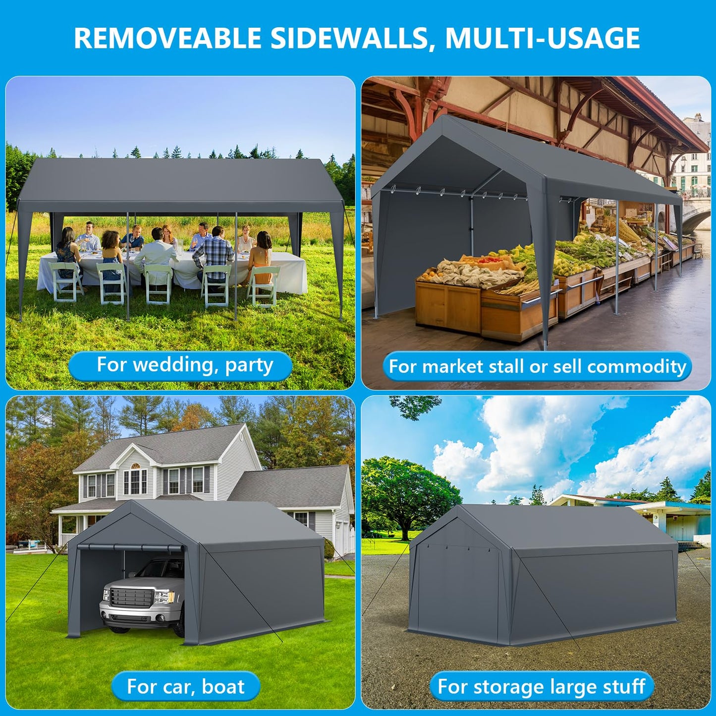 Raxmolo 10x20FT Heavy Duty Carport, Portable Garage with Removable Sidewalls and Doors for Car, Truck, SUV, UV Resistant Waterproof Carport Canopy