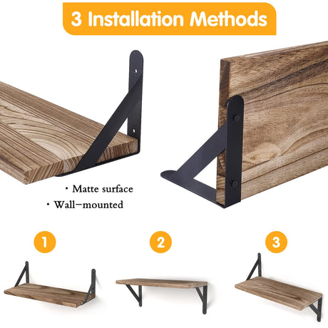 YGEOMER Floating Shelves, Rustic Wood Shelves, 4 Sets of Wall Mounted Shelf for Bathroom Decor, Bedroom, Living Room and Plants (Carbonized Black) YGEOMER