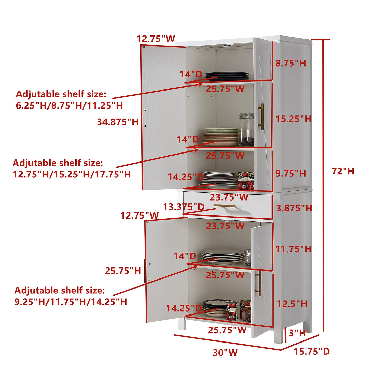 Kings Brand Furniture - 72" Freestanding Kitchen Pantry Storage Cabinet Cupboard with Doors Adjustable Shelves & Drawer, White - WoodArtSupply